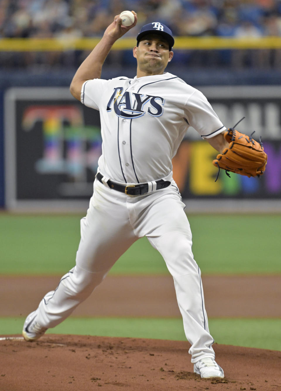 Tampa Bay Rays starter Yonny Chirinos pitches against the Kansas City Royals during the first inning of a baseball game Saturday, June 24, 2023, in St. Petersburg, Fla. (AP Photo/Steve Nesius)