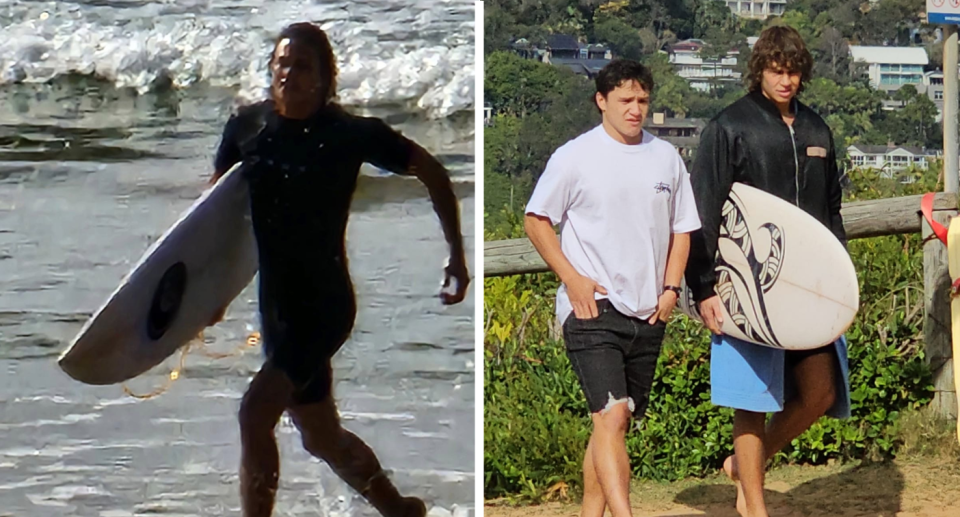 Theo Poulos surfing on Home and Away and a mystery character