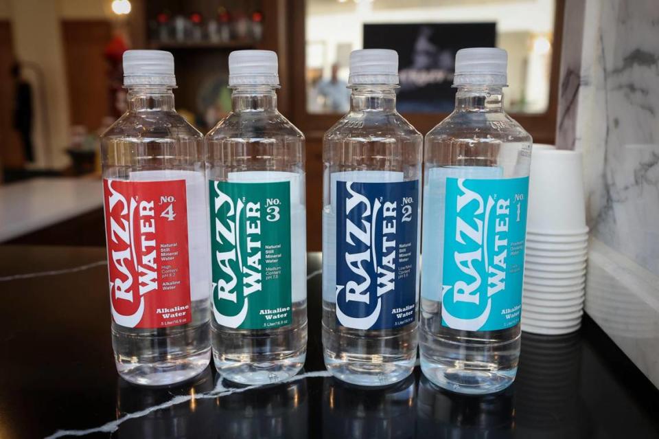 Bottles of Crazy Water on display at Coffee and Water Bar in the Crazy Water Plaza in Mineral Wells.