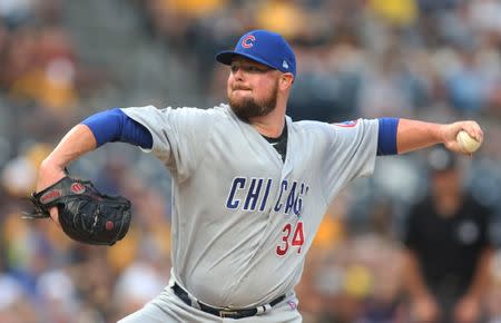 Aug 16, 2018; Pittsburgh, PA, USA; Chicago Cubs starting pitcher Jon Lester (34) delivers a pitch against the Pittsburgh Pirates during the first inning at PNC Park. Charles LeClaire-USA TODAY Sports