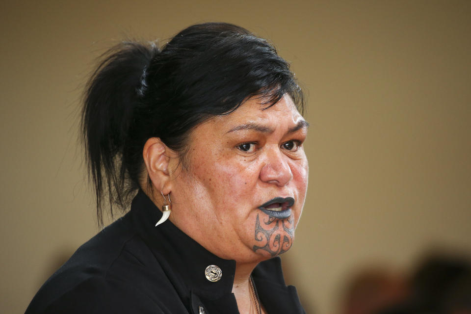 Minister of Foreign Affairs, Nanaia Mahuta, speaks during a welcoming powhiri for APEC 2021 on 1 December in Wellington, New Zealand. Photo: Hagen Hopkins/Getty Images