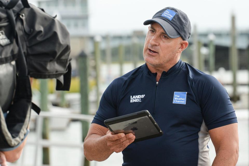 Jim Cantore, of The Weather Channel, does a live report at Crocker's Landing in Wilmington, North Carolina, before Hurricane Florence arrived. Thursday, Sept.13, 2018.