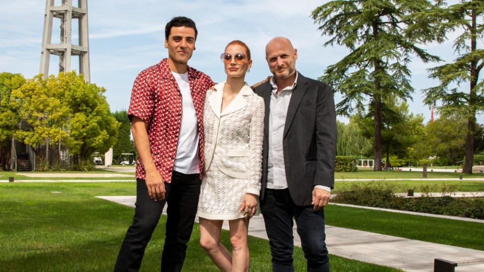 Oscar Isaac, Jessica Chastain and Hagai Levi in Venice for the premier of “Scenes From a Marriage”