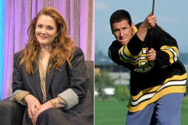 <p>Noam Galai/Getty; Universal/courtesy Everett </p> Drew Barrymore; Adam Sandler in 'Happy Gilmore'