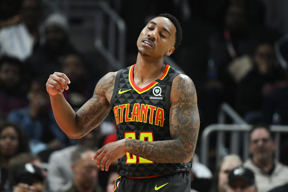 Atlanta Hawks guard Jeff Teague reacts after being called for a foul against the Orlando Magic during the second half of an NBA basketball game Wednesday, Feb. 26, 2020, in Atlanta. Orlando won 130-120. (AP Photo/John Amis)