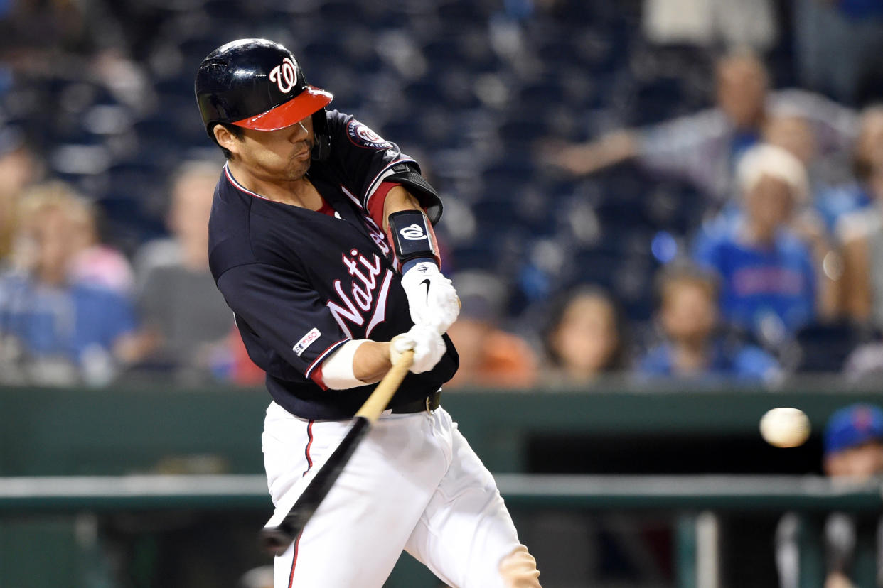 Kurt Suzuki #28 of the Washington Nationals hits a walk off three run home run in the ninth inning during a baseball game against the New York Mets at Nationals Park on September 3, 2019 in Washington, DC. (Photo by Mitchell Layton/Getty Images)