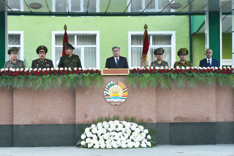 Tajik service members hold a military parade in Khorog