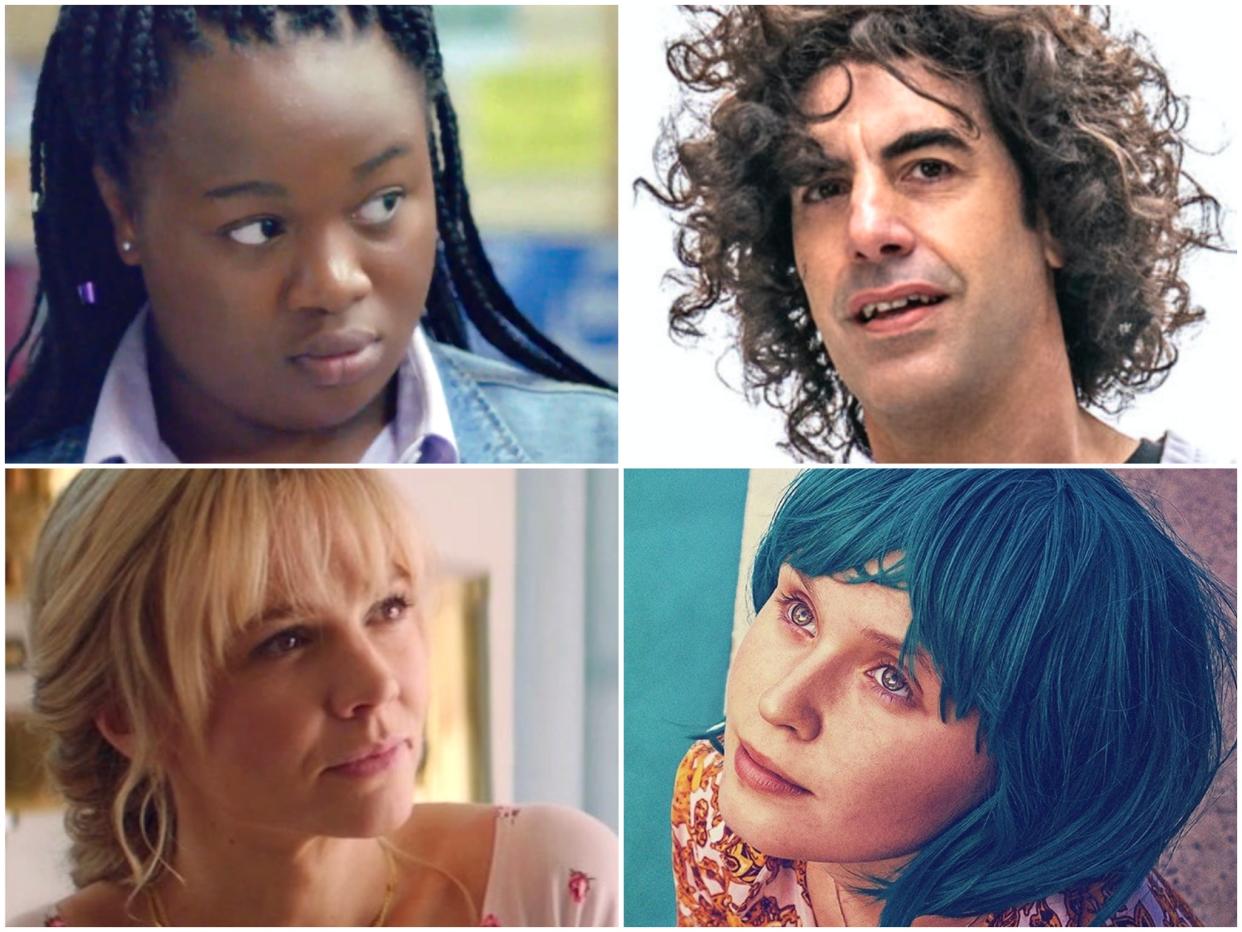 Snubs and surprises, clockwise from top right: Sacha Baron Cohen in The Trial of the Chicago 7, Eliza Scanlan in Babyteeth, Carey Mulligan in Promising Young Woman and Bukky Bakray in Rocks (Netflix/Universal/BFI)