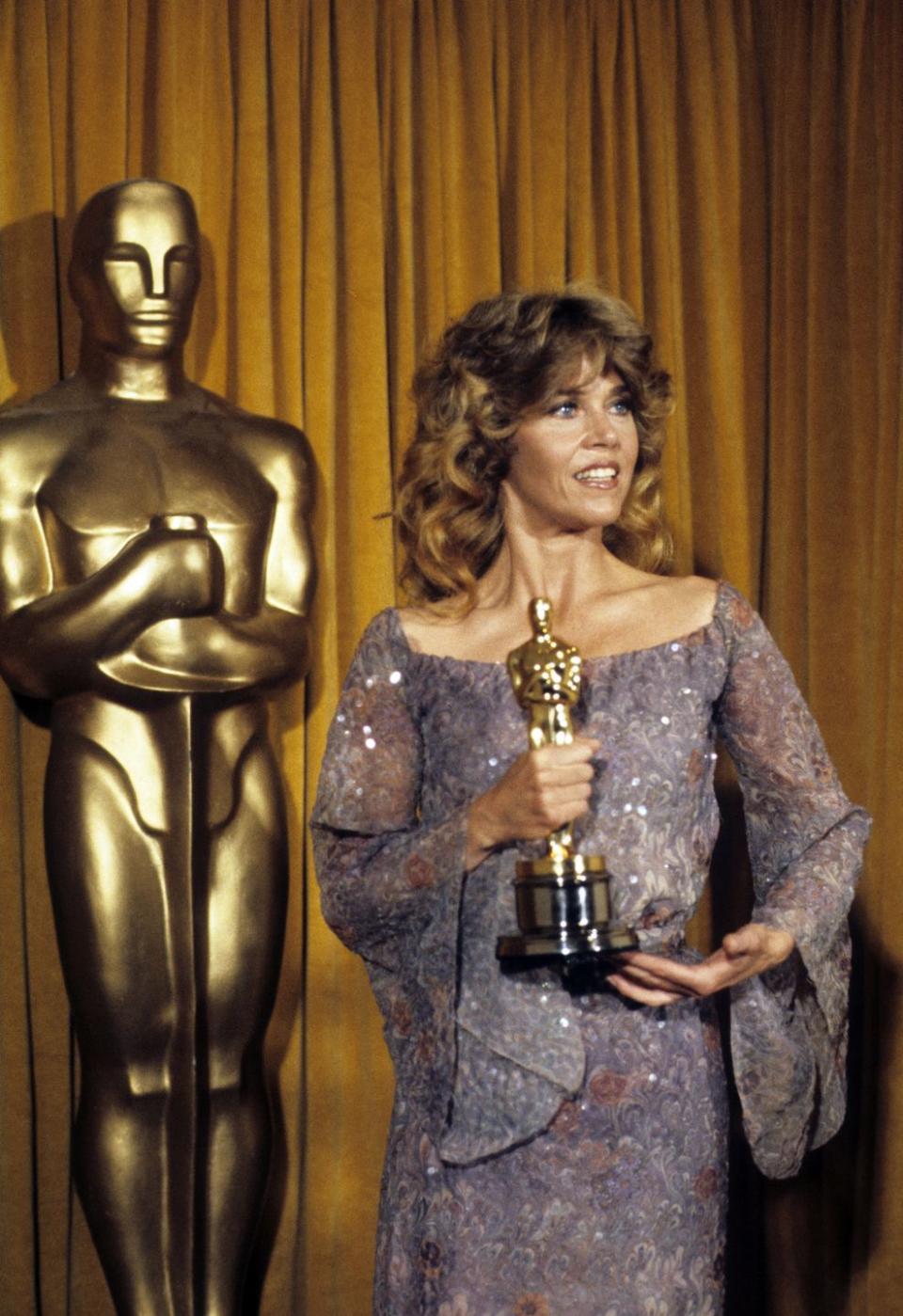<p>Here, Fonda poses backstage with her Oscar at the 51st annual Academy Awards. She had won Best Actress in a Leading Role for her portrayal of Sally Hyde in Hal Ashby's <em>Coming Home</em>.<br></p>