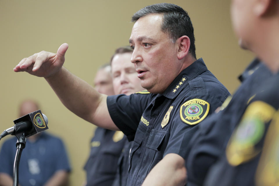 Houston Police Chief Art Acevedo talks to the media during a press conference at the police station, Friday, Feb. 15, 2019 in Houston. A lead investigator lied in an affidavit justifying a drug raid on a Houston home in which two residents were killed and four undercover officers were shot and wounded during a gun battle, the city’s police chief said Friday. ( Elizabeth Conley/Houston Chronicle via AP)