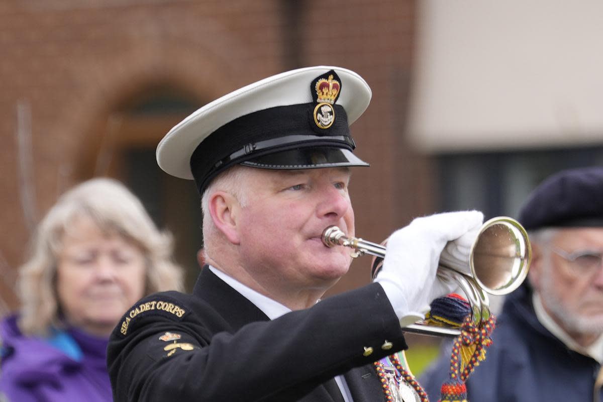 The Last Post is played during a wreath laying service at the US D-Day Memorial in Victoria Gardens, Portland, to mark the 80th anniversary of Exercise Tiger, a Second World War training operation that went wrong off the Dorset coast. Picture date: <i>(Image: PA)</i>