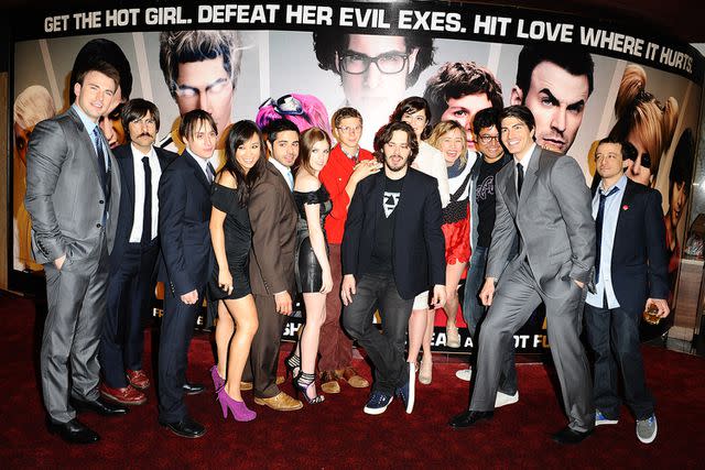 <p>Ian West/PA Images via Getty </p> Cast and crew members including, Chris Evans, Jason Schwartzman, Keiran Culkin, Ellen Wong, Anna Kendrick, Michael Cera, Edgar Wright, Mary Elizabeth Winstead, Brie Larson and Brandon Routh arriving for the premiere of Scott Pilgrim vs The World at the Odeon, Leicester Square, London