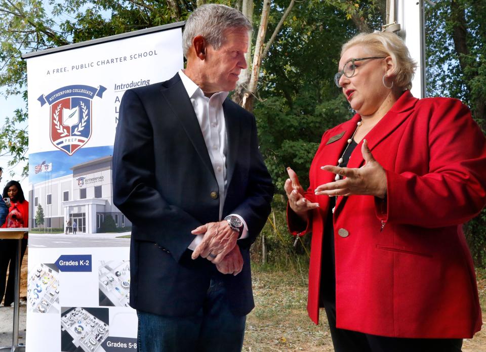 Tennessee Governor talks with Rutherford County School Board Member Tammy Sharp during the Rutherford Collegiate Prep (RCP) ground breakingceremony in Murfreesboro, Tenn. on Thursday, Oct. 12, 2023.This will be the first public charter school to be built in Rutherford County.