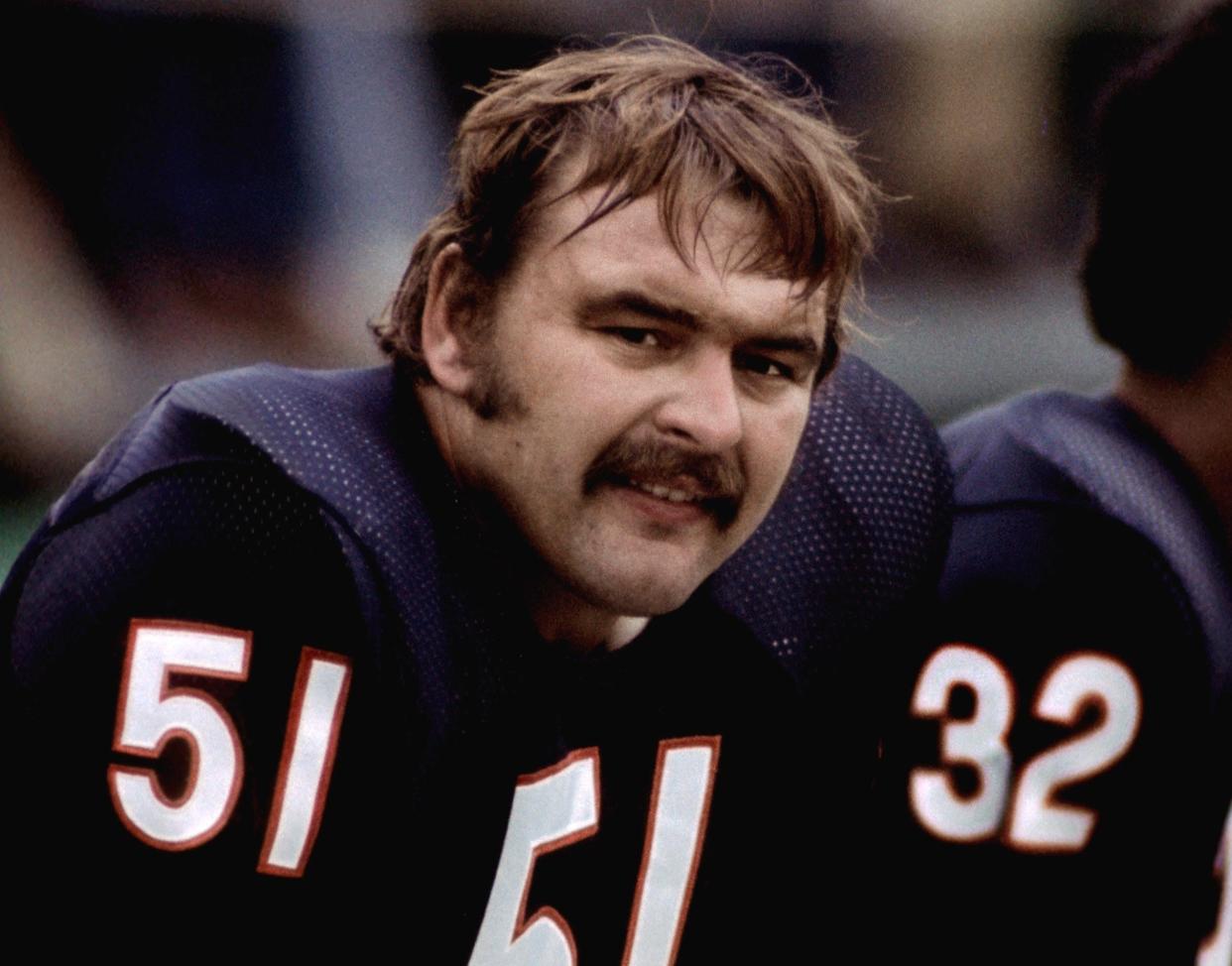 Chicago Bears linebacker Dick Butkus on the bench during a game against the Pittsburgh Steelers at Soldier Field on Sept. 19, 1971.