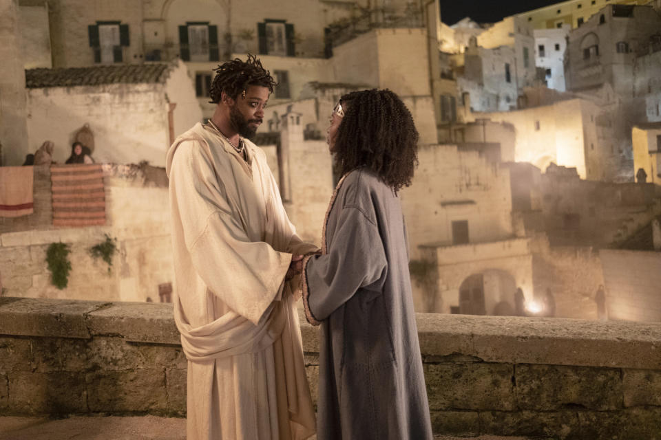 This image released by Sony Pictures shows LaKeith Stanfield, left, and Anna Diop in a scene from "The Book of Clarence." (Moris Puccio/Legendary Entertainment/Sony via AP)