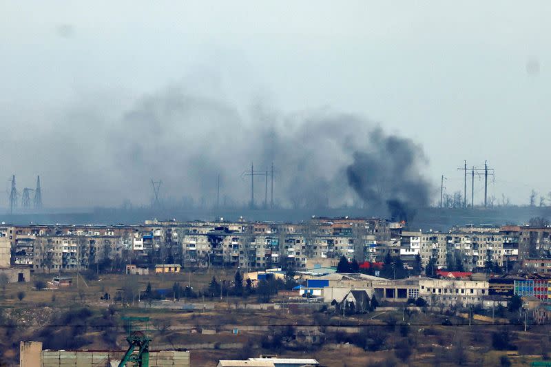 FILE PHOTO: Smoke rises from strikes on the frontline city of Soledar