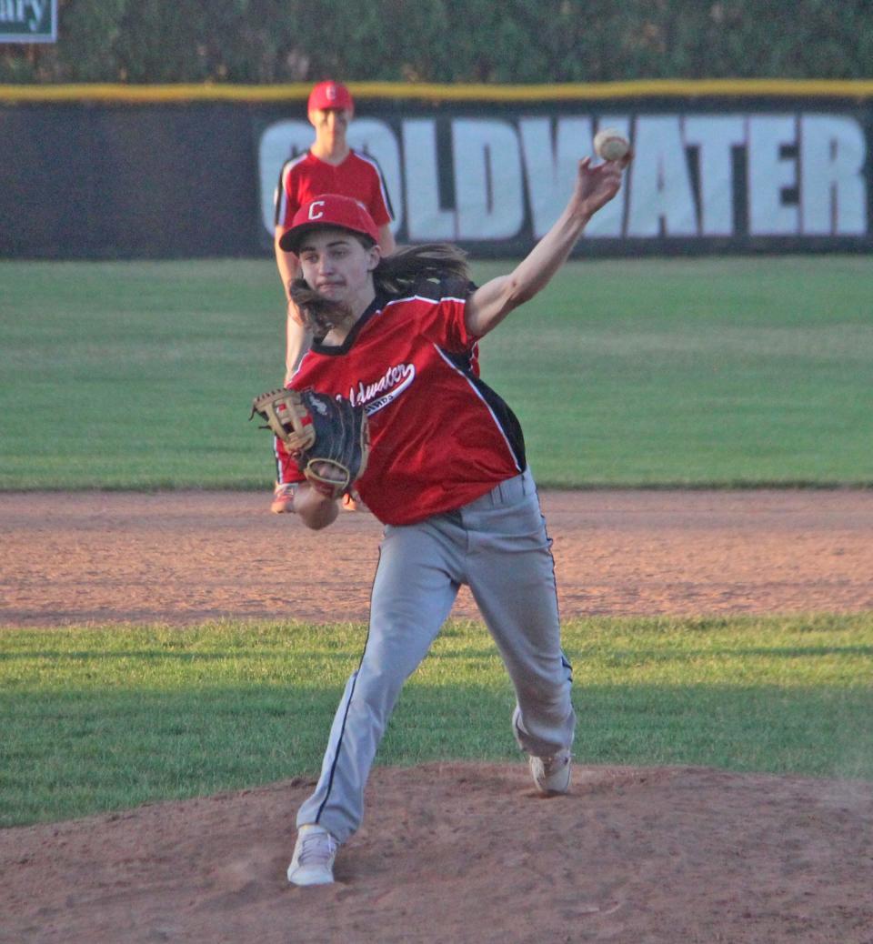 Coldwater's Hunter Samulak throws for a strike in Mickey Mantle action on Wednesday