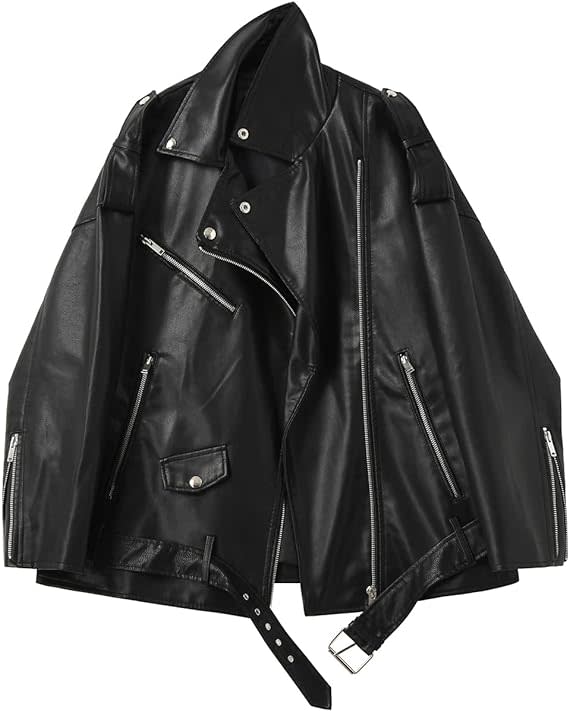 oversized faux leather jacket with bottom belt and front pockets