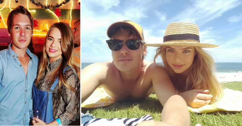 Actress and singer Indiana Evans with a mystery man from Instagram; at left they look into the camera from a lighted bar with flowers behind; at right they lie on the grass at a beach wearing hats looking into the camera.