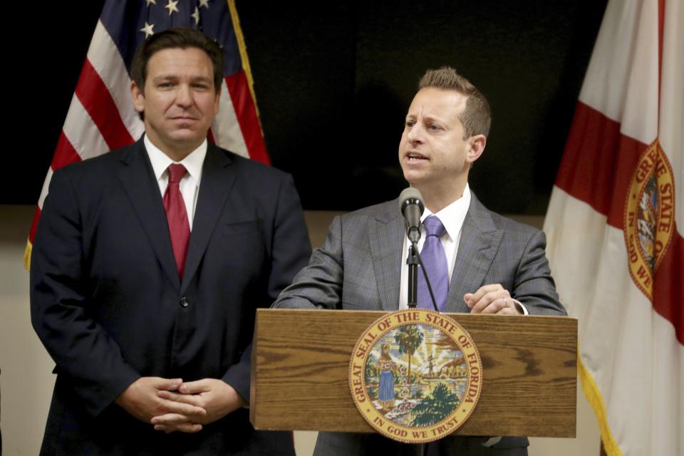 In this 2021 photo, Jared Moskowitz speaks after being appointed to the Broward County Commission by Gov. Ron DeSantis.