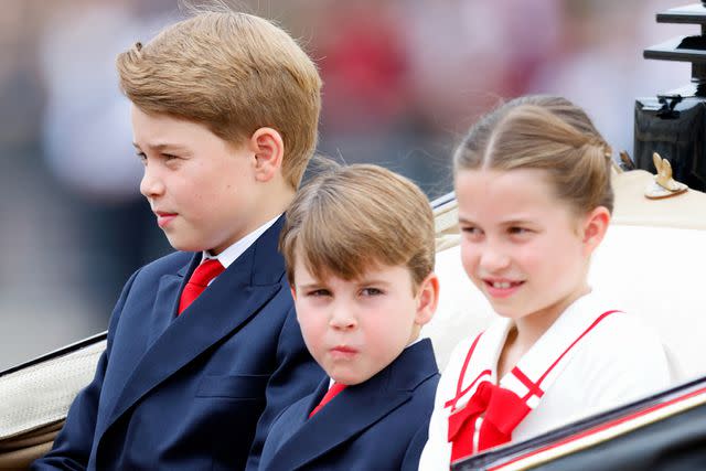 <p>Max Mumby/Indigo/Getty Images</p> Prince George, Prince Louis and Princess Charlotte in June 2023