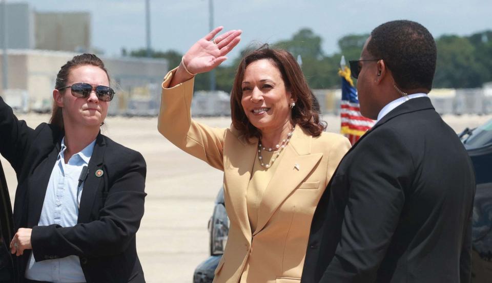 PHOTO: Vice President Kamala Harris arrives at Orlando International Airport ahead of attending the 20th Quadrennial Convention of the Women's Missionary Society of the African Methodist Episcopal (AME) Church, Aug. 1, 2023, in Orlando, Fla. (Joe Burbank/Orlando Sentinel/Tribune News Service via Getty Images)