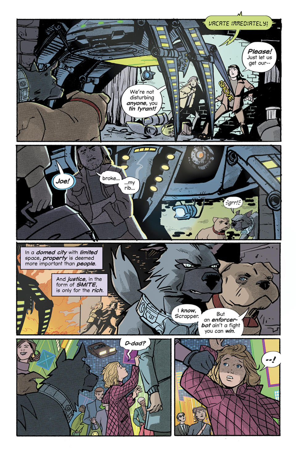 Scrapper interior pages: dogs look at a robot spider.