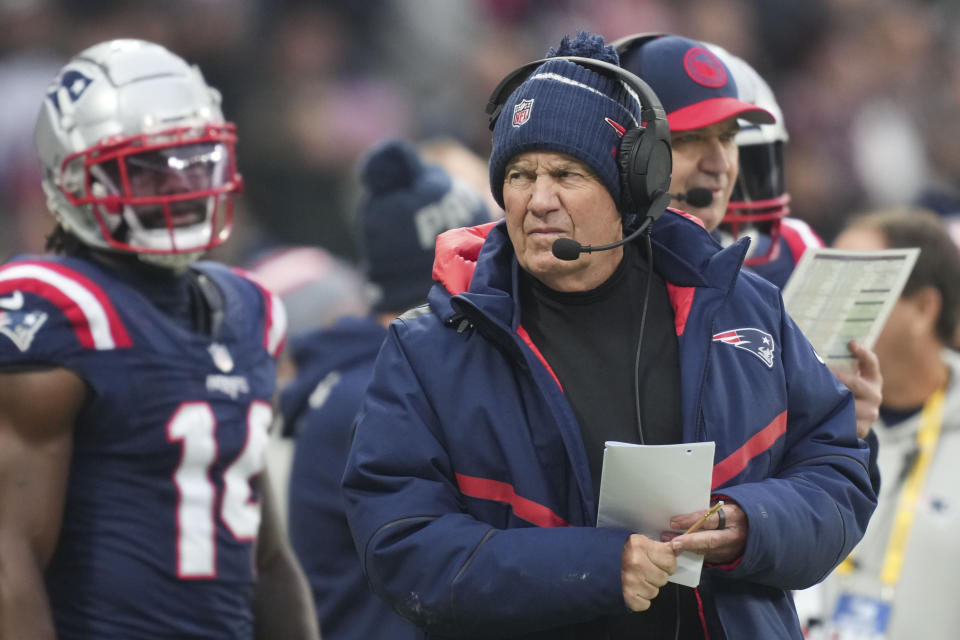 New England Patriots head coach Bill Belichick watches from the sideline in the first half of an NFL football game against the Indianapolis Colts in Frankfurt, Germany Sunday, Nov. 12, 2023. (AP Photo/Michael Probst)