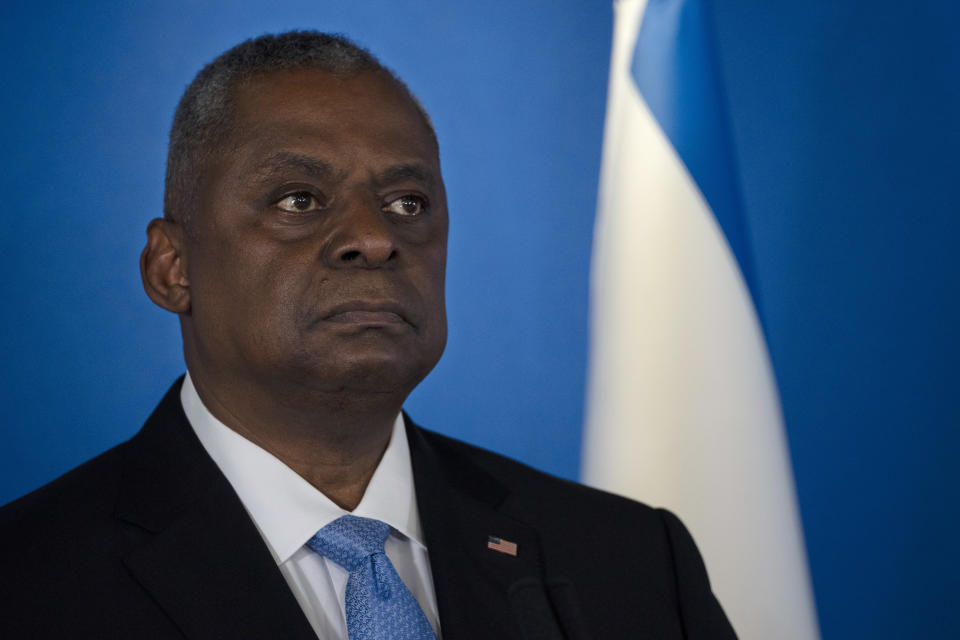 U.S. Secretary of Defense Lloyd Austin pauses during a joint statement with his Israeli counterpart, Minister of Defence Yoav Gallant following their meeting at Ben Gurion International Airport in Thursday, March 9, 2023. (AP Photo/Maya Alleruzzo)