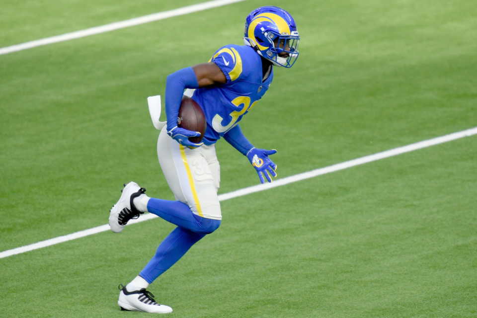 Rams safety Jordan Fuller warms up before a game against the Seattle Seahawks on Nov. 15.