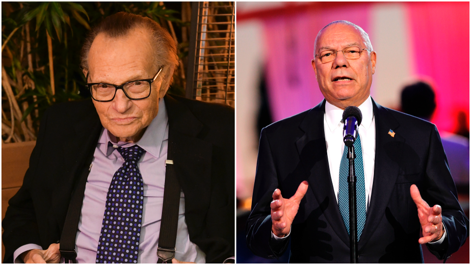 左為CNN脫口秀王牌主持人賴瑞金（Larry King）；右為美國史上首位非裔國務卿鮑爾（Colin Powell）。圖片來源：Getty images