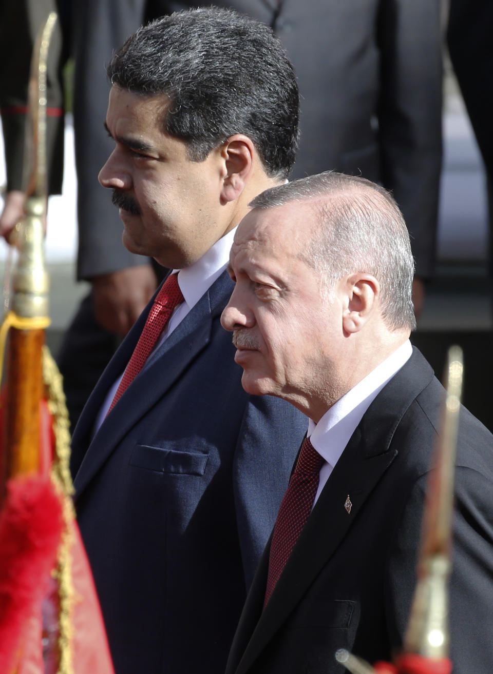 Venezuela's President Nicolas Maduro receives Turkey's President Recep Tayyip Erdogan at the Miraflores Presidential Palace in Caracas, Venezuela, Monday, Dec. 3, 2018. Erdogan is on a one-day official visit to the country. (AP Photo/Ariana Cubillos)