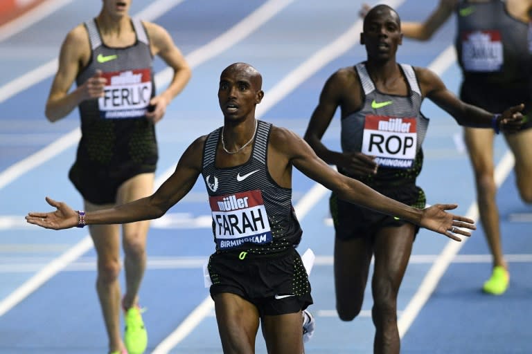 Britain's Mo Farah wins the 5000m final during the Indoor athletics Grand Prix at the Barclaycard Arena in Birmingham on February 18, 2017