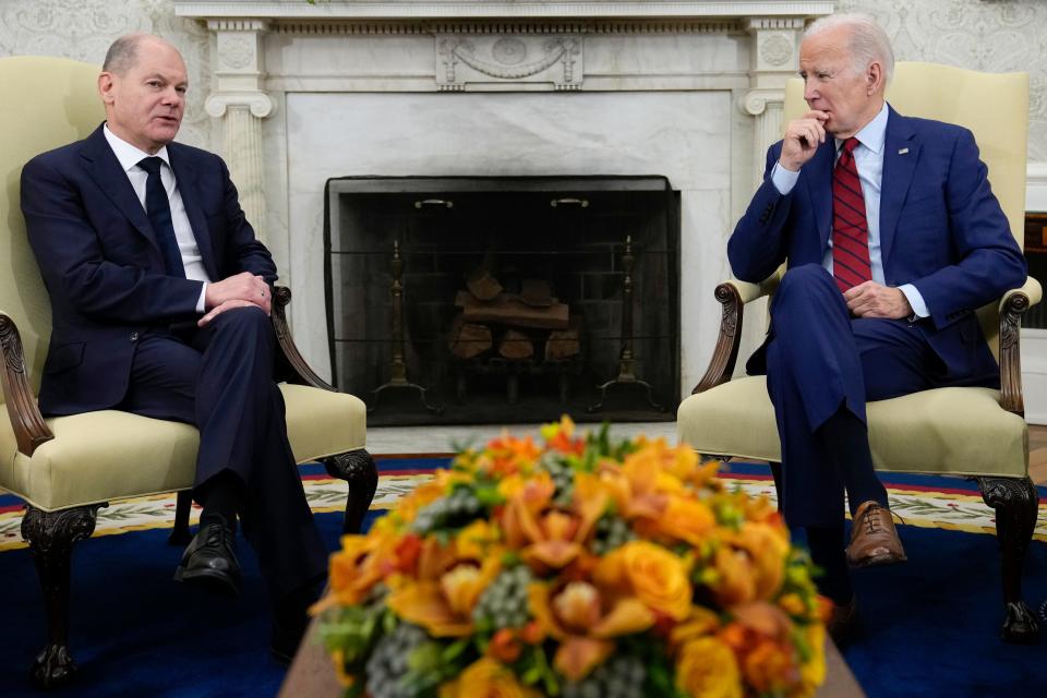 President Joe Biden listens as German Chancellor Olaf Scholz speaks during a meeting in the Oval Office of the White House in Washington, Friday, March 3, 2023.