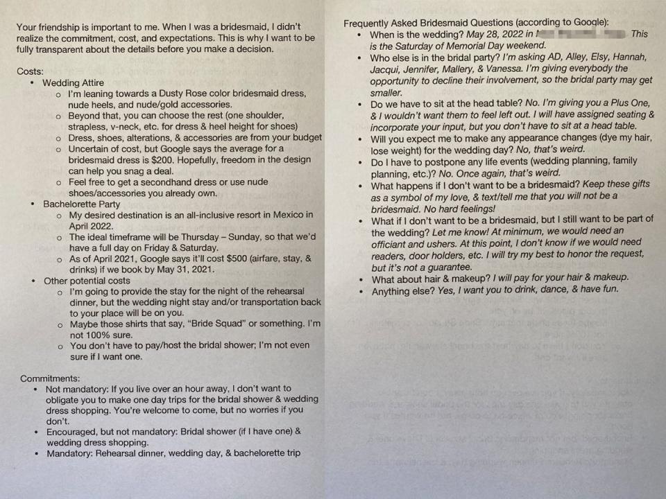 A bulleted letter with costs, a timeline, and expectations for bride-to-be Lisa Torres' wedding. She presented the letter to each of her friends to prevent miscommunication.