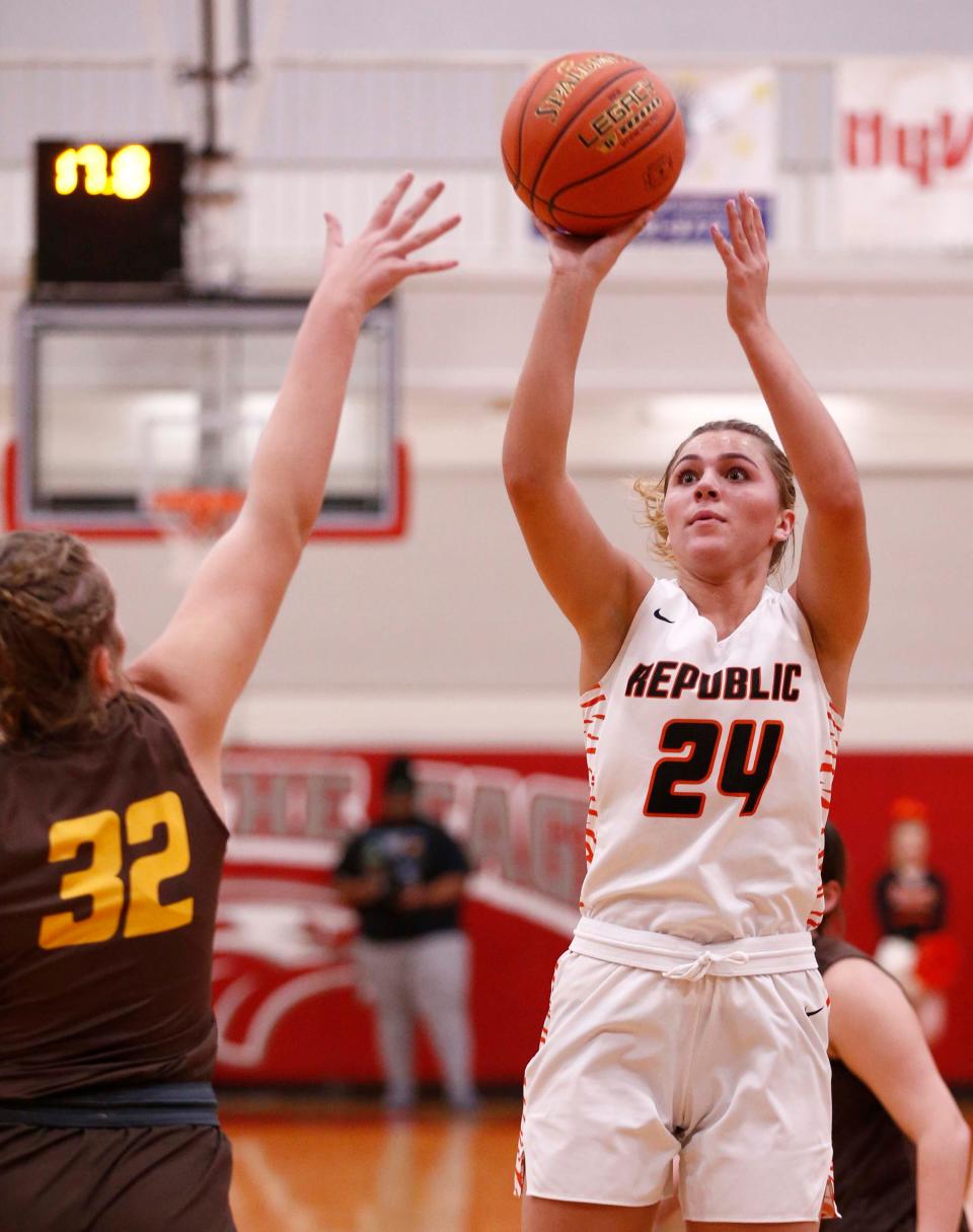 Republic's Kaemyn Bekemeier takes a shot during her team's victory over Kickapoo in District Basketball action in Nixa on March 7, 2023