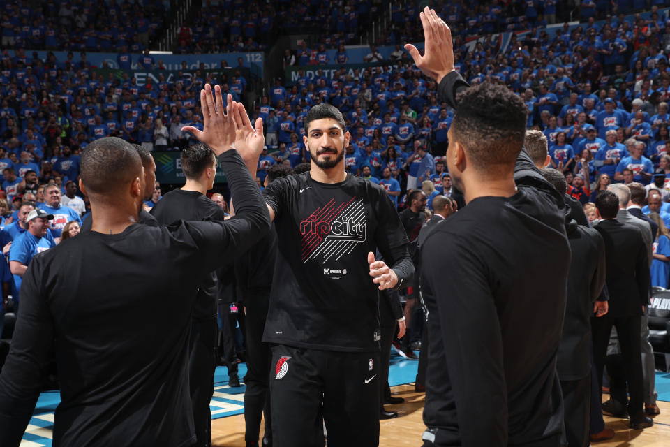 OKLAHOMA CITY, OK - APRIL 21: Enes Kanter #00 of the Portland Trail Blazers enters the court before Game Four of Round One of the 2019 NBA Playoffs on April 21, 2019 at Chesapeake Energy Arena in Oklahoma City, Oklahoma. NOTE TO USER: User expressly acknowledges and agrees that, by downloading and/or using this photograph, user is consenting to the terms and conditions of the Getty Images License Agreement. Mandatory Copyright Notice: Copyright 2019 NBAE (Photo by Joe Murphy/NBAE via Getty Images)