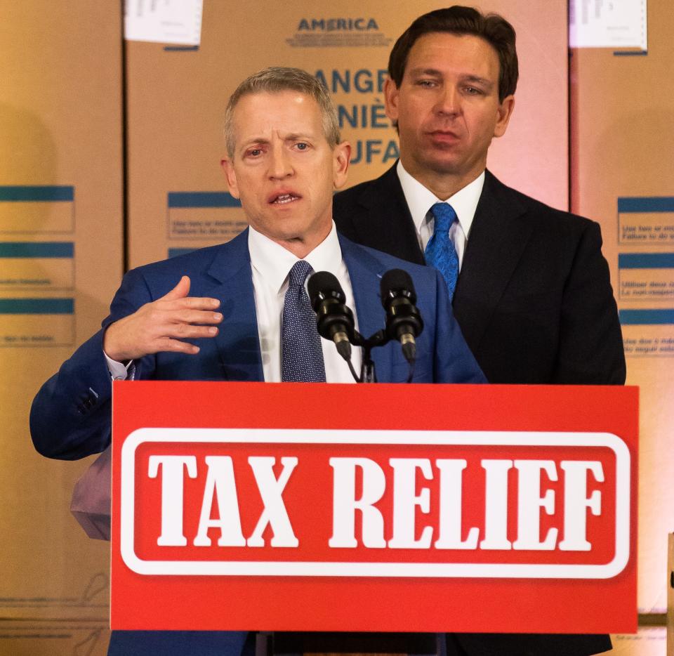 Florida House Speaker Paul Renner, speaking before Gov. Ron DeSantis at an event in Ocala on Feb. 8, has presided over a state budget process that produced more than $86 million in projects for Palm Coast, his home city, and Flagler County.