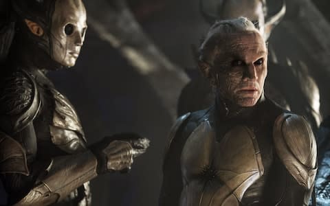 'Thor? Just a gun in your mouth': Eccleston (right) acting under heavy makeup and prosthetics in Thor: The Dark World - Credit: Marvel