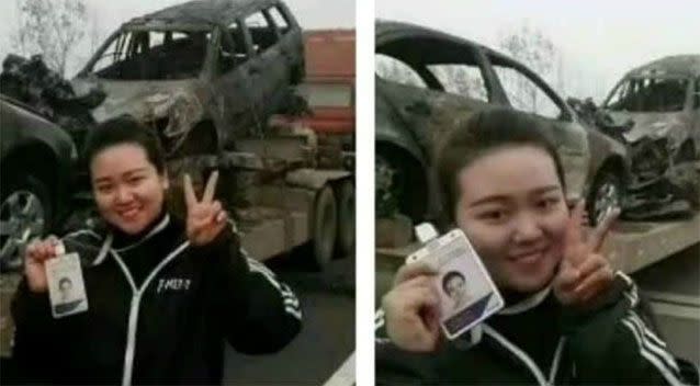 A local reporter took smiling selfies in front of a highway accident that killed 18. Source: What's On Weibo.