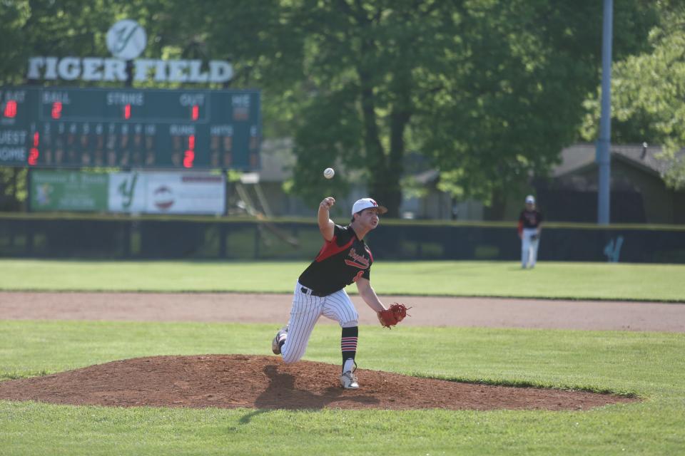 Wapahani's Gavin Lash pitching the 2022 Delaware County baseball semifinals at Yorktown High School on Saturday, May 14, 2022.