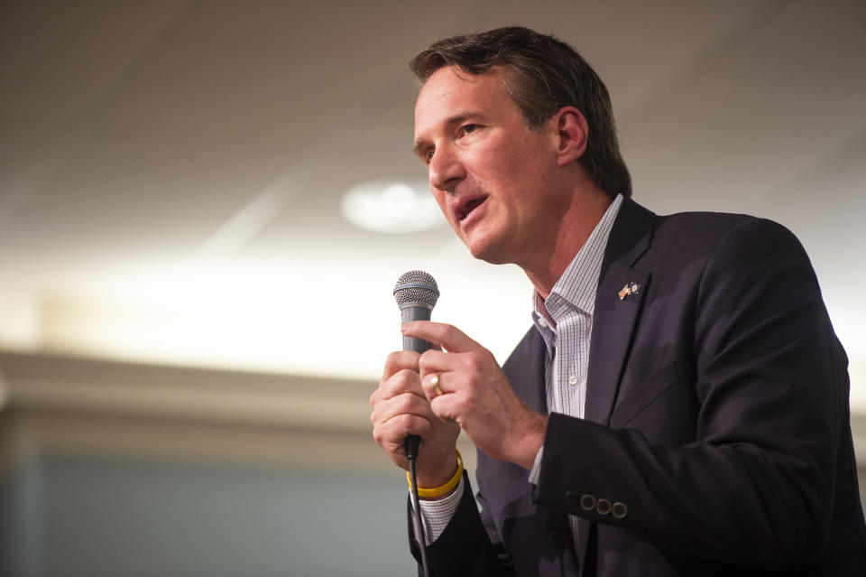 FILE - In this April 19, 2021, file photo, Glenn Youngkin makes his closing remarks during a GOP gubernatorial candidate forum hosted by the College Republicans in Lynchburg, Va. Late Monday, May 10, 2021, Youngkin, a political newcomer who campaigned as a conservative, Christian outsider, bested a field of seven candidates to emerge as Virginia Republicans’ nominee for governor, in a year when the GOP hopes to end a 12-year losing streak in statewide races. (Kendall Warner/The News & Advance via AP)