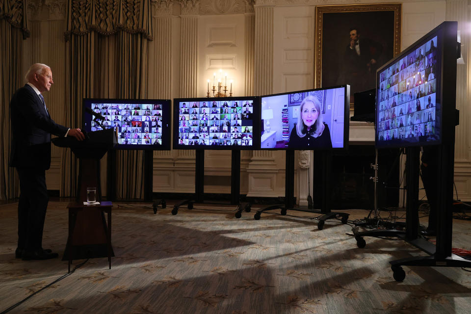 President Joe Biden conducts a virtual swearing in ceremony for members of his new administration in the State Dining Room at the White House.<span class="copyright">Chip Somodevilla—Getty Images</span>