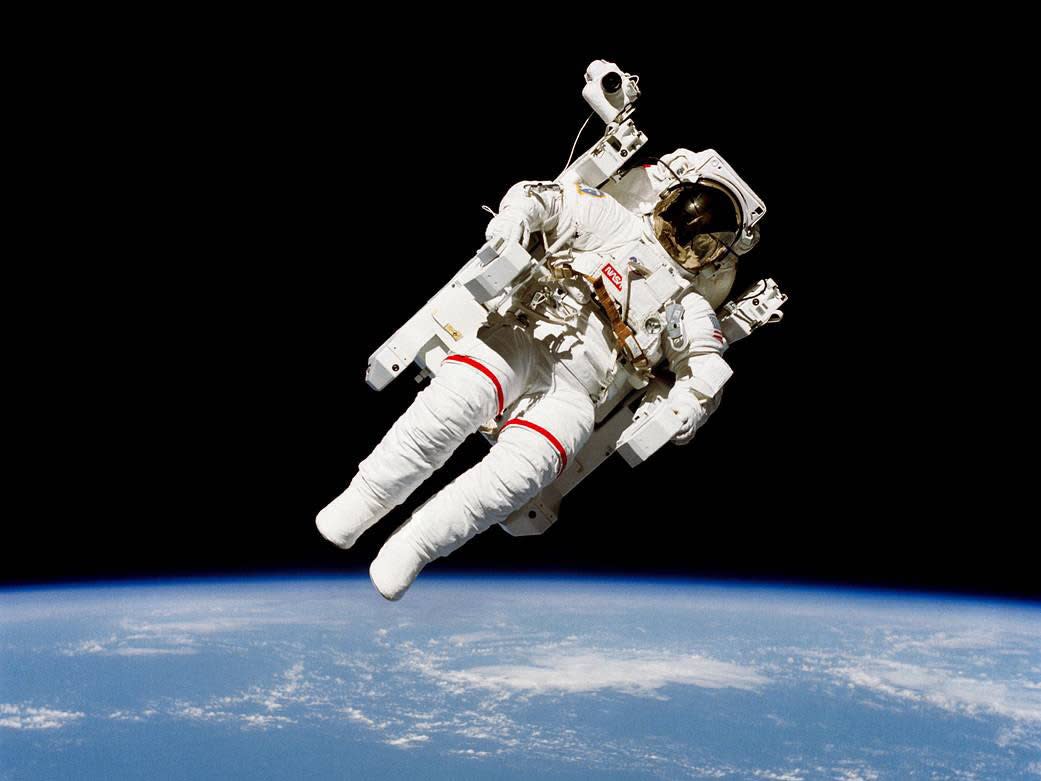 Bruce McCandless and Robert L Stewart took the first untethered spacewalk on 7 February 1984: Nasa