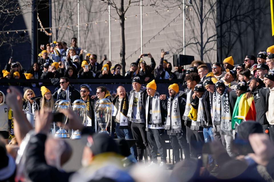 The Crew celebrate their 2023 MLS Cup victory in Chase Plaza outside of Lower.com Field.