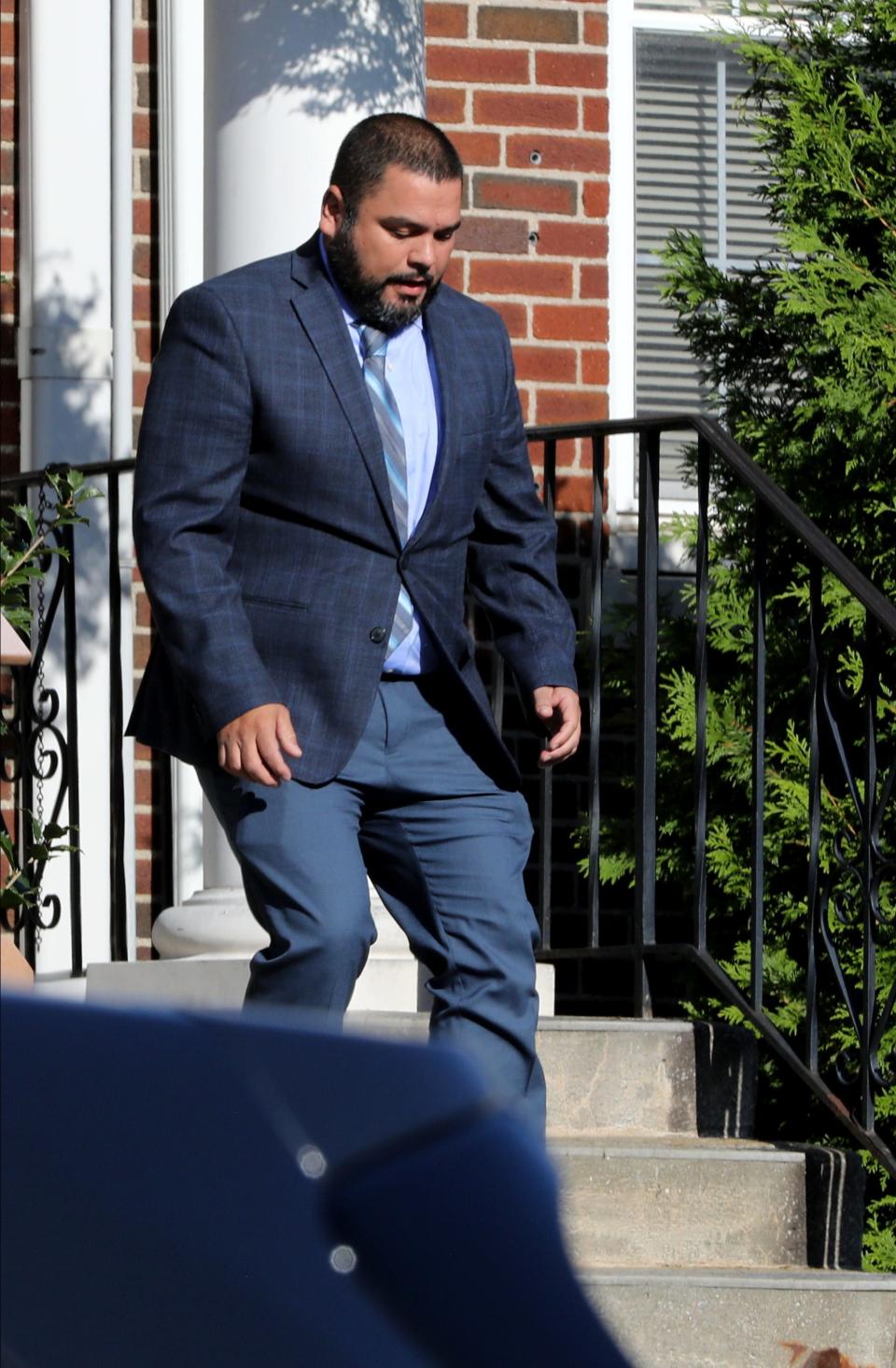 Elmsford police officer Doug Ramirez leaves the village court in Elmsford after being arraigned, Sept. 27, 2023.