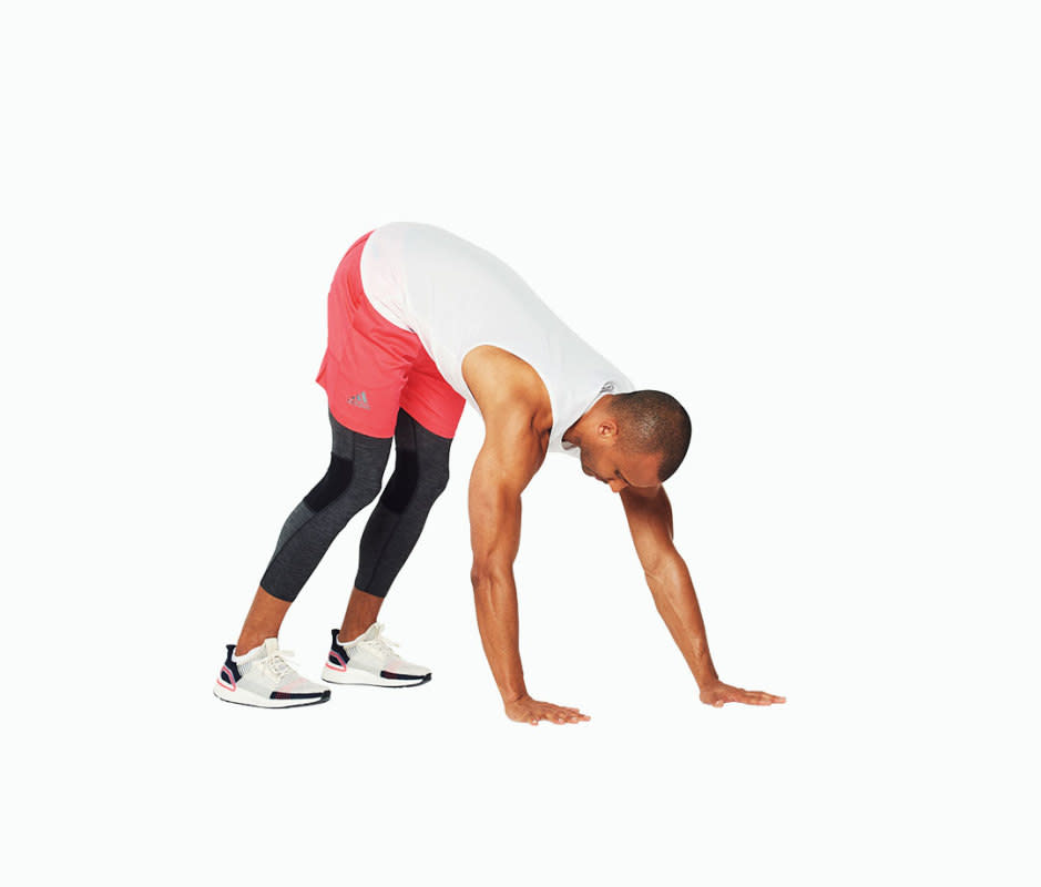 How to do it:<ol><li>Bend at the waist and walk your feet out into a pushup position.</li><li>Keeping your knees straight, walk your hands toward your feet.</li><li>Once you feel a stretch, walk your feet back out to a pushup position.</li></ol>