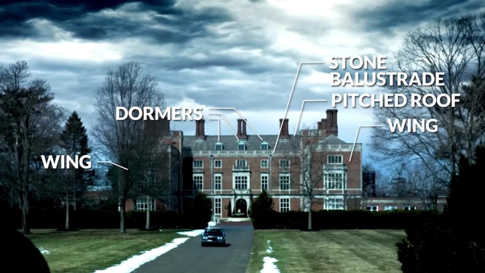 An image from Batman & Robin's Wayne Manor labelled with architectural terms