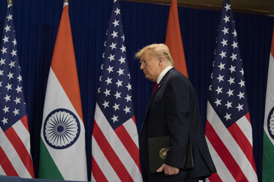 U.S.President Donald Trump arrives for a news conference, Tuesday, Feb. 25, 2020, in New Delhi, India. (AP Photo/Alex Brandon)