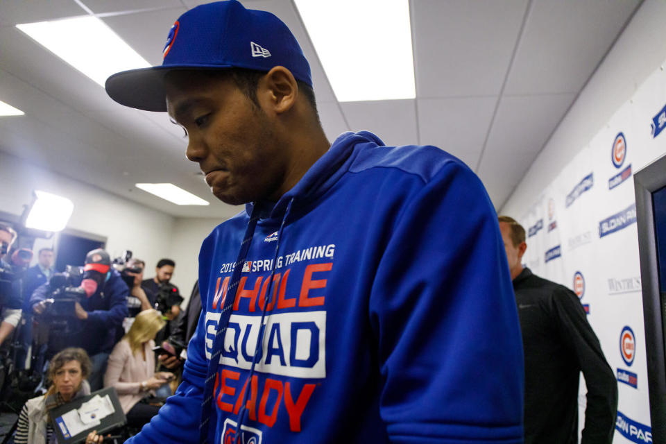 Chicago Cubs shortstop Addison Russell addresses the media about his suspension for domestic violence Friday, Feb. 15, 2019 during spring training in Mesa, Ariz. (Brian Cassella/Chicago Tribune/TNS via Getty Images)